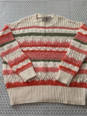 NWT LOFT Cream Striped Knit Sweater with Coral and Olive Accents Size L